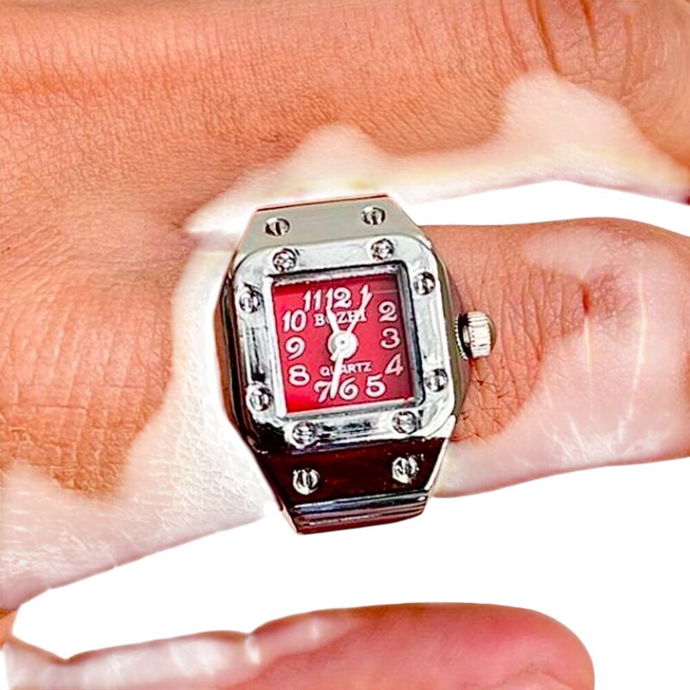Y2K Silver Tone Watch Ring Unisex Elastic Band Round Face White Backing New